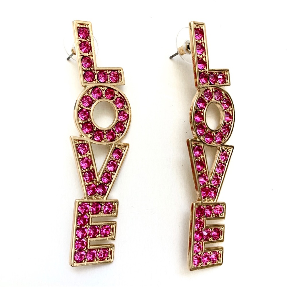 Hot Pink Rhinestone LOVE Spell Out Earrings